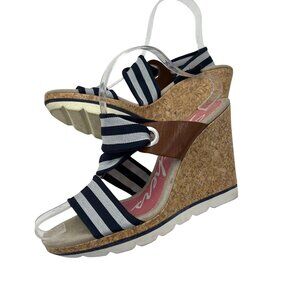 Skechers Womens Size 9 Navy Stripe Cork Platform Wedge Sandals Elastic Straps